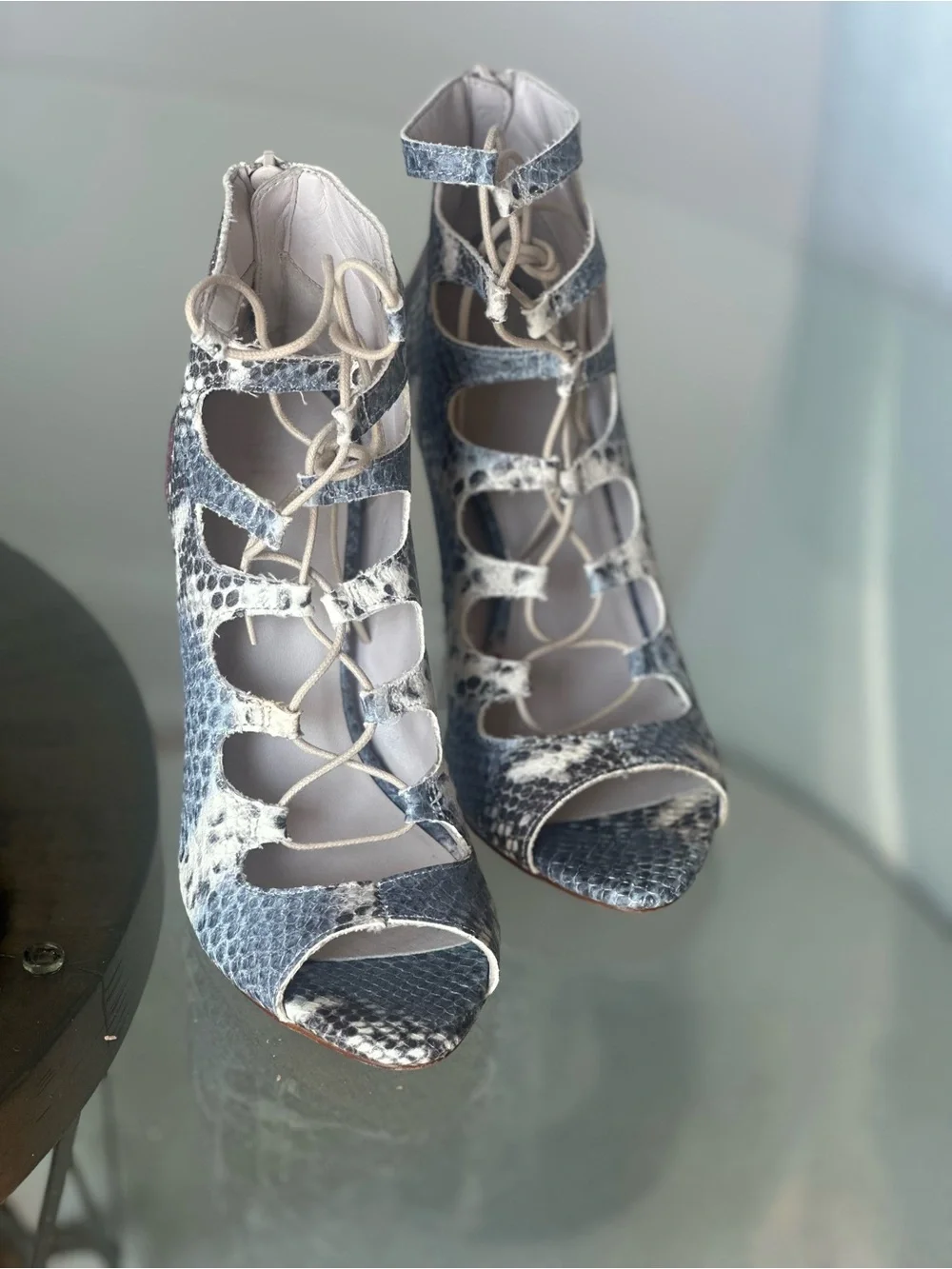 Zara Snake-Print Lace-Up leather Stiletto Heels in Pink and Neutral sz 39 (8 US)